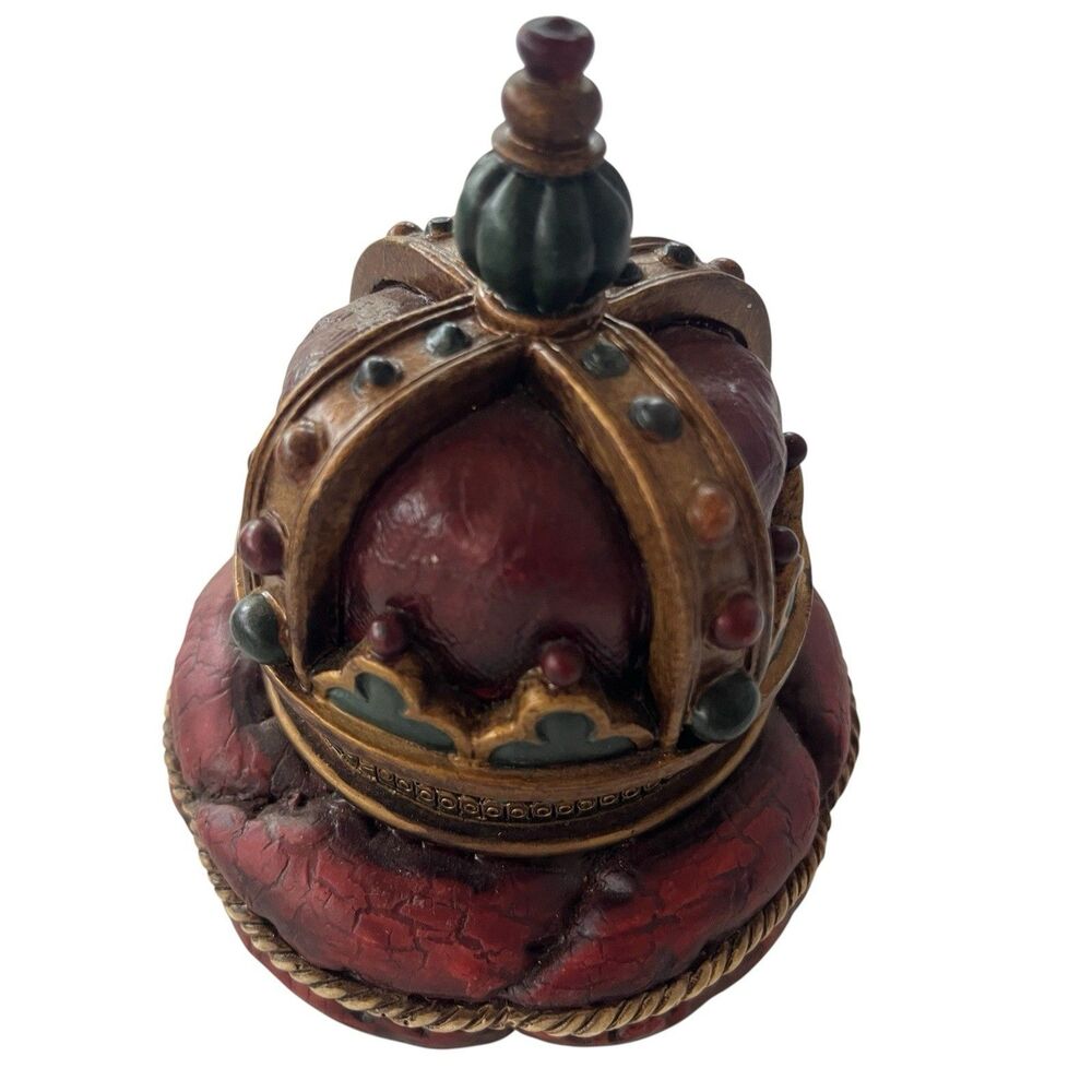 Vintage Heavy Brass Tone Crown Trinket Box Jewelry Box Royal Decor Gold Red